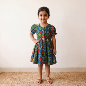 Green - pure cotton girls frock dress in kalamkari prints