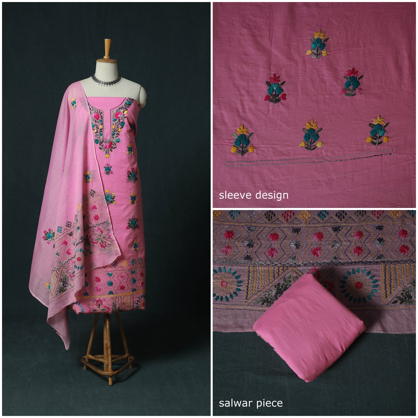 Pink - Hand Embroidered Cotton 3pc Unstitched Dress Material 55