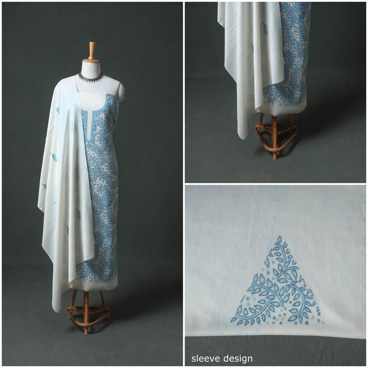 Kashmiri Aari Hand Embroidered Pure Merino Wool Unstitched Dress Material: Kurta, Bottom with Dupatta 25