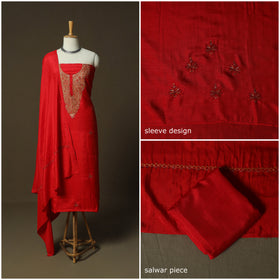 Red - Sozni Hand Embroidery Pure Silk 3pc Unstitched Dress Material Suit Set 35
