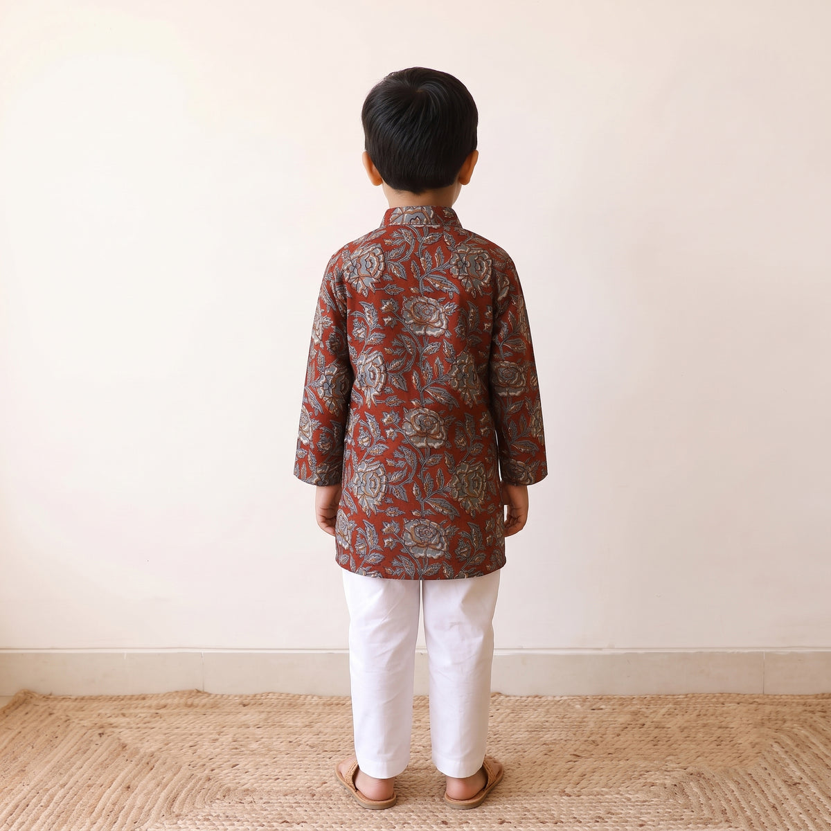 Red - kids pure cotton kurta in bagru block prints (3-4