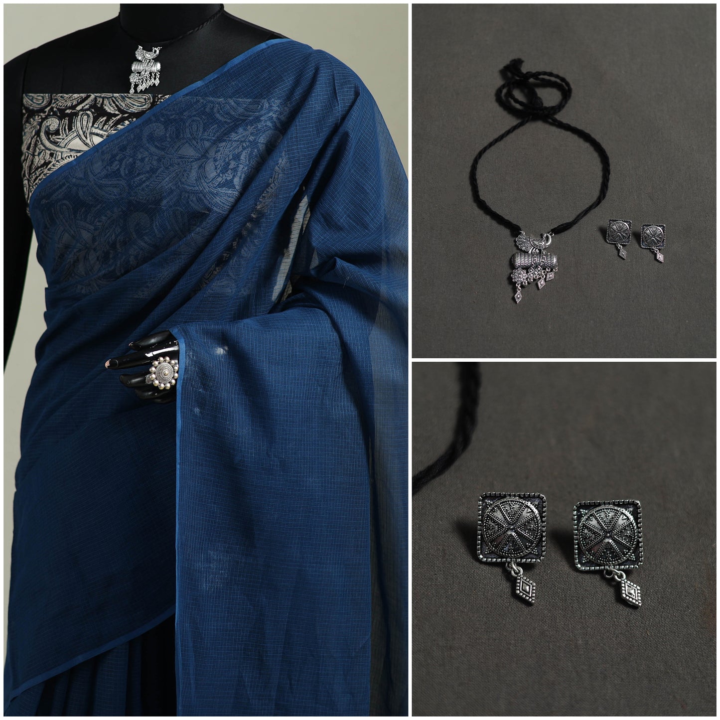 Blue - Nazaakat Kota Doria Cotton Plain Saree with Blouse & Jewellery Set 158