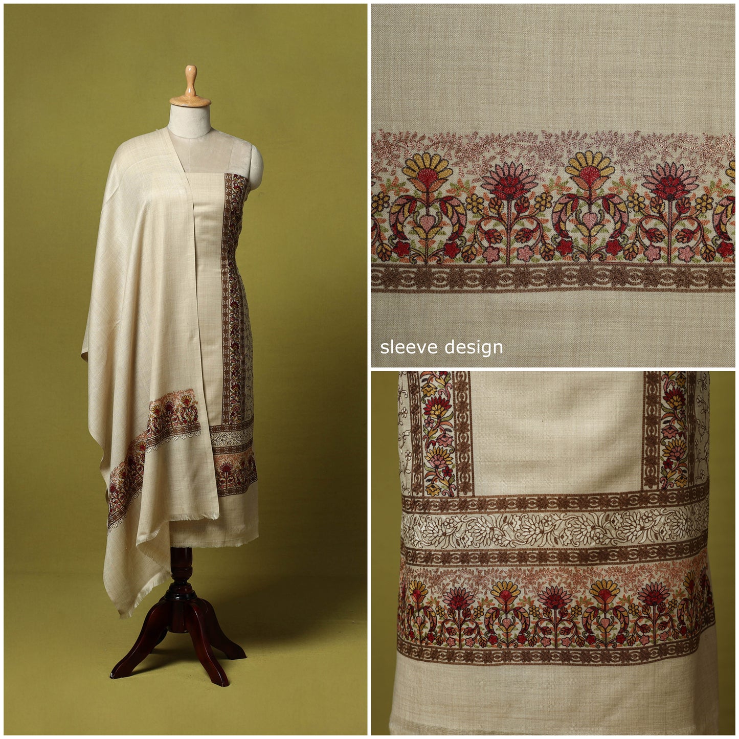 Beige - 3pc Heavy Chain Stitch Embroidered Merino Wool Unstitched Dress Material 35