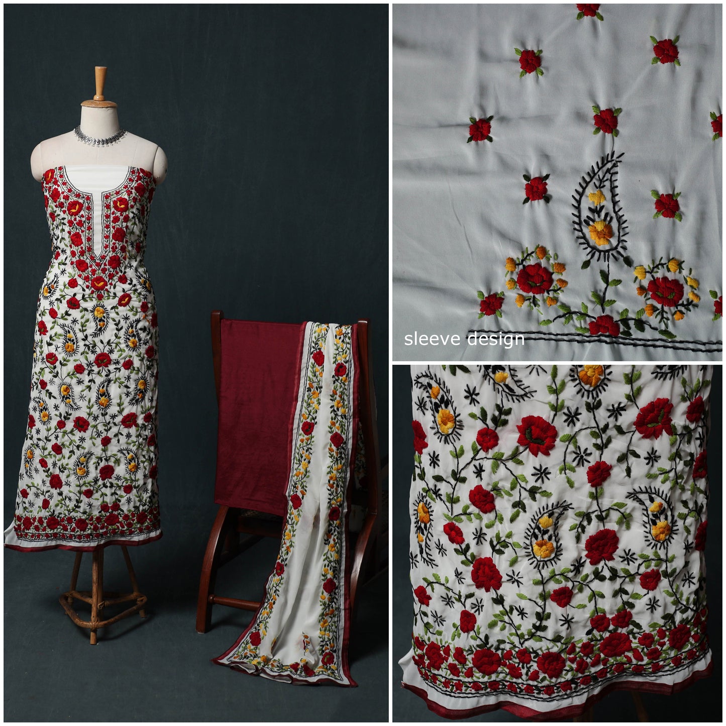 Hand Embroidered Georgette 3pc Unstitched Dress Material Suit Set 40