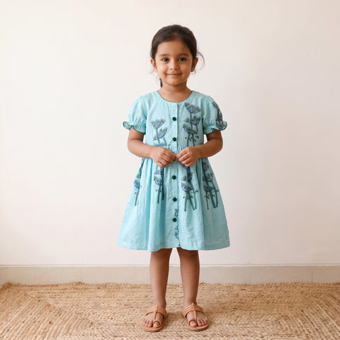 Blue - Pure Cotton Girls Frock Dress in Sanganeri Floral Prints (3-4 Years) 08