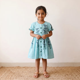 Blue - pure cotton girls frock dress in sanganeri floral