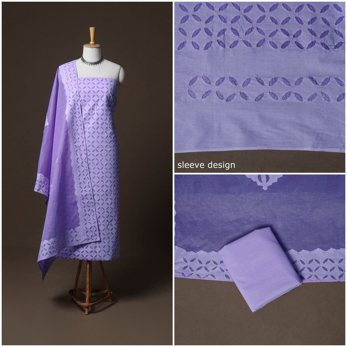 Applique Cutwork Cotton Unstitched Dress Material: Kurta, Bottom & Dupatta 25