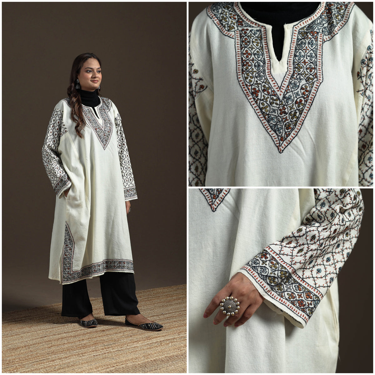 Kashmiri Heavy Sozni Hand Embroidered Handwoven Merino Wool Pheran 24