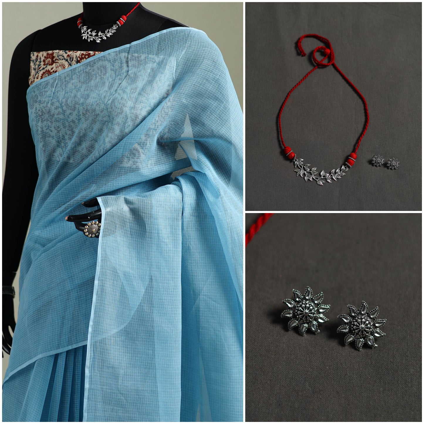 Blue - Nazaakat Kota Doria Cotton Plain Saree with Blouse & Jewellery Set 53