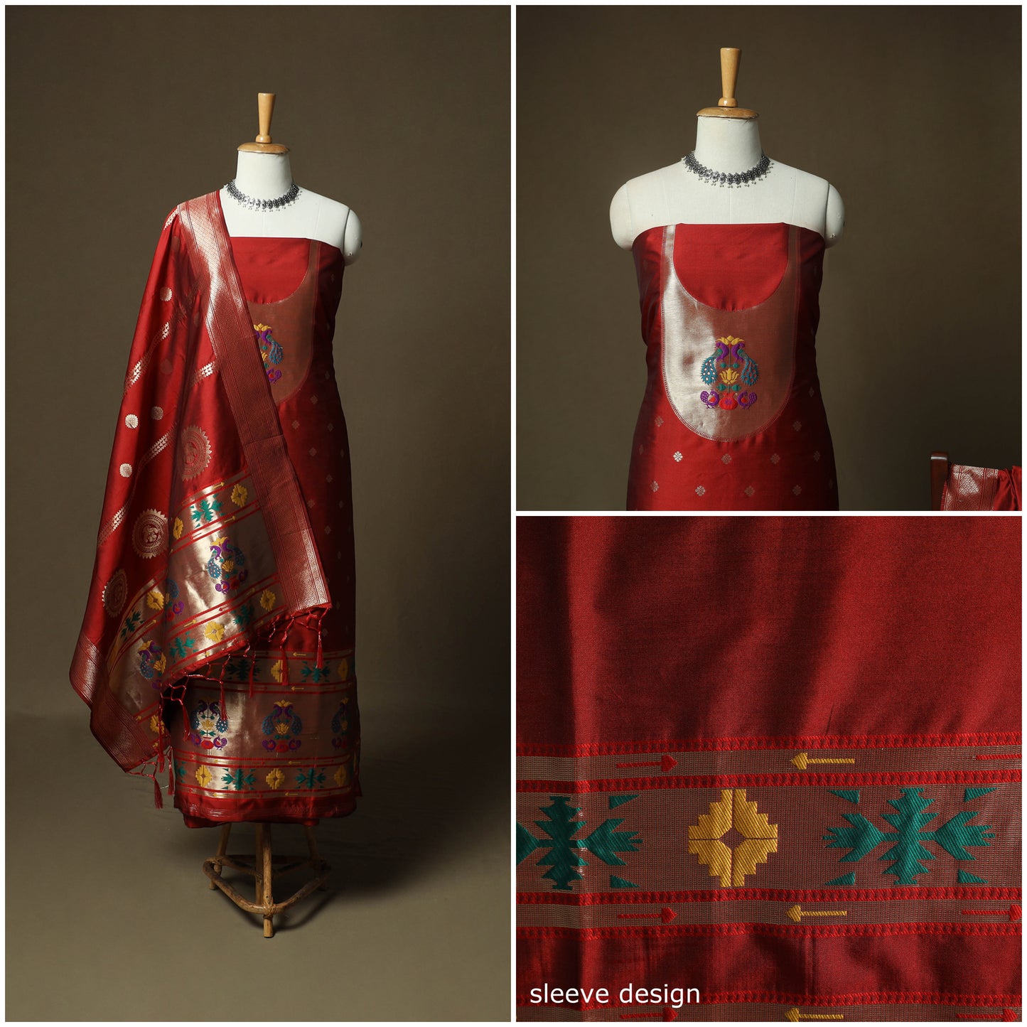 Red - Bangalore Silk Paithani Weave 3pc Unstitched Dress Material Suit Set 25