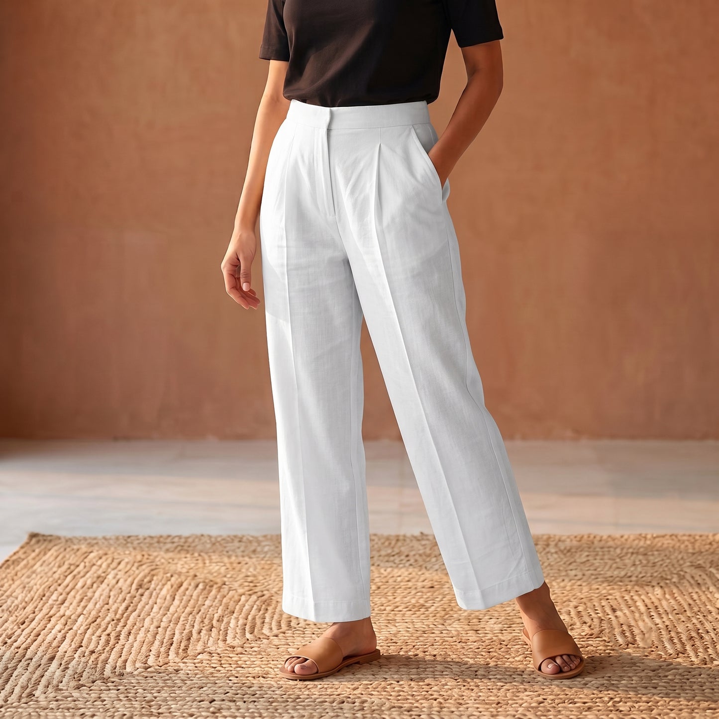 Elastic Waist Cotton Plain Palazzo for Women 01