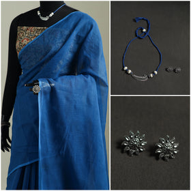 Blue - Nazaakat Kota Doria Cotton Plain Saree with Blouse & Jewellery Set 54