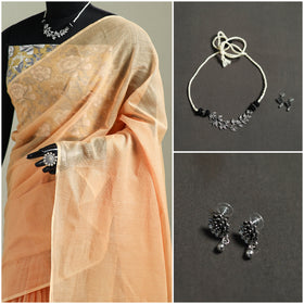 Peach - Nazaakat Kota Doria Cotton Plain Saree with Blouse & Jewellery Set 119