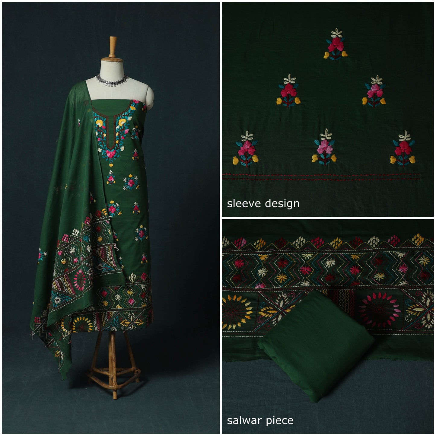 Green - Hand Embroidered Cotton 3pc Unstitched Dress Material 56
