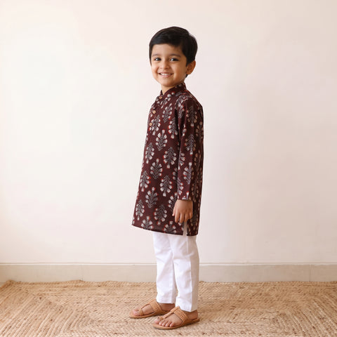 Maroon - Kids Pure Cotton  Kurta in Bagru Block Prints (3-4 Years) 86
