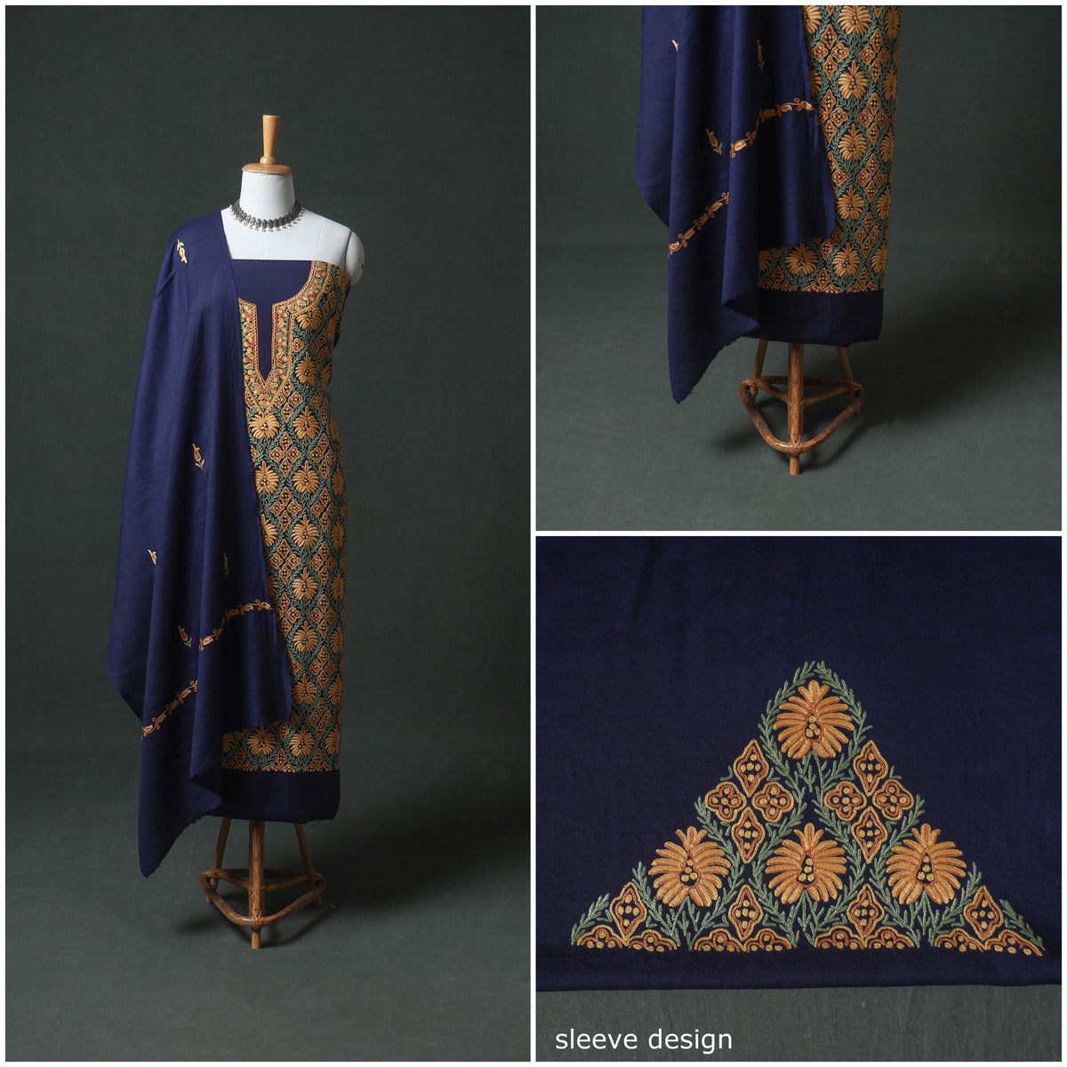 Kashmiri Aari Hand Embroidered Pure Merino Wool Unstitched Dress Material: Kurta, Bottom with Dupatta 26