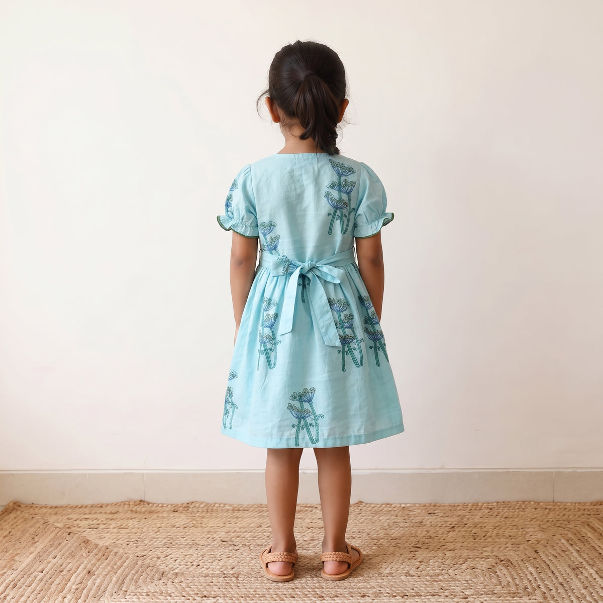 Blue - pure cotton girls frock dress in sanganeri floral