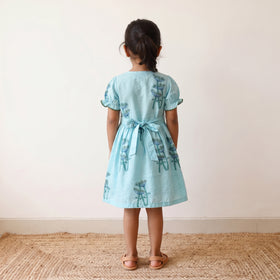 Blue - pure cotton girls frock dress in sanganeri floral