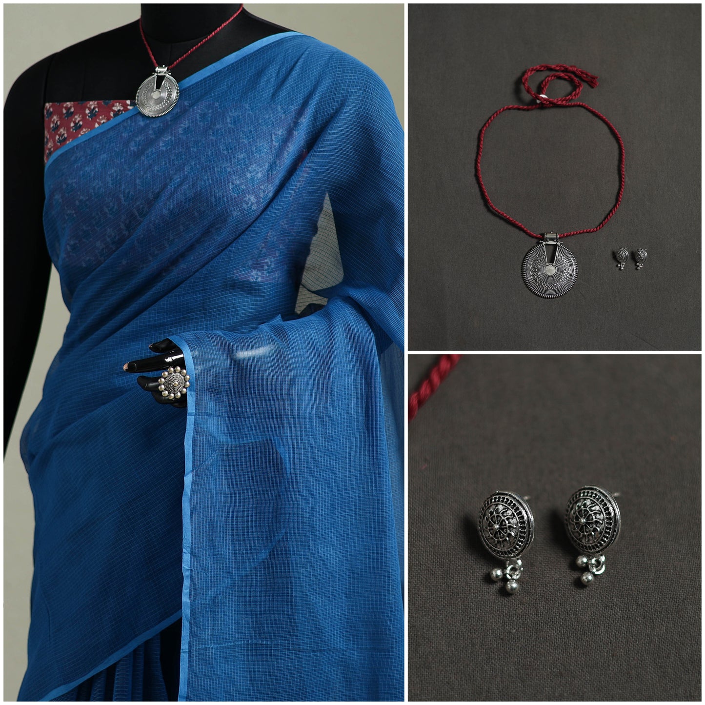 Blue - Nazaakat Kota Doria Cotton Plain Saree with Blouse & Jewellery Set 26