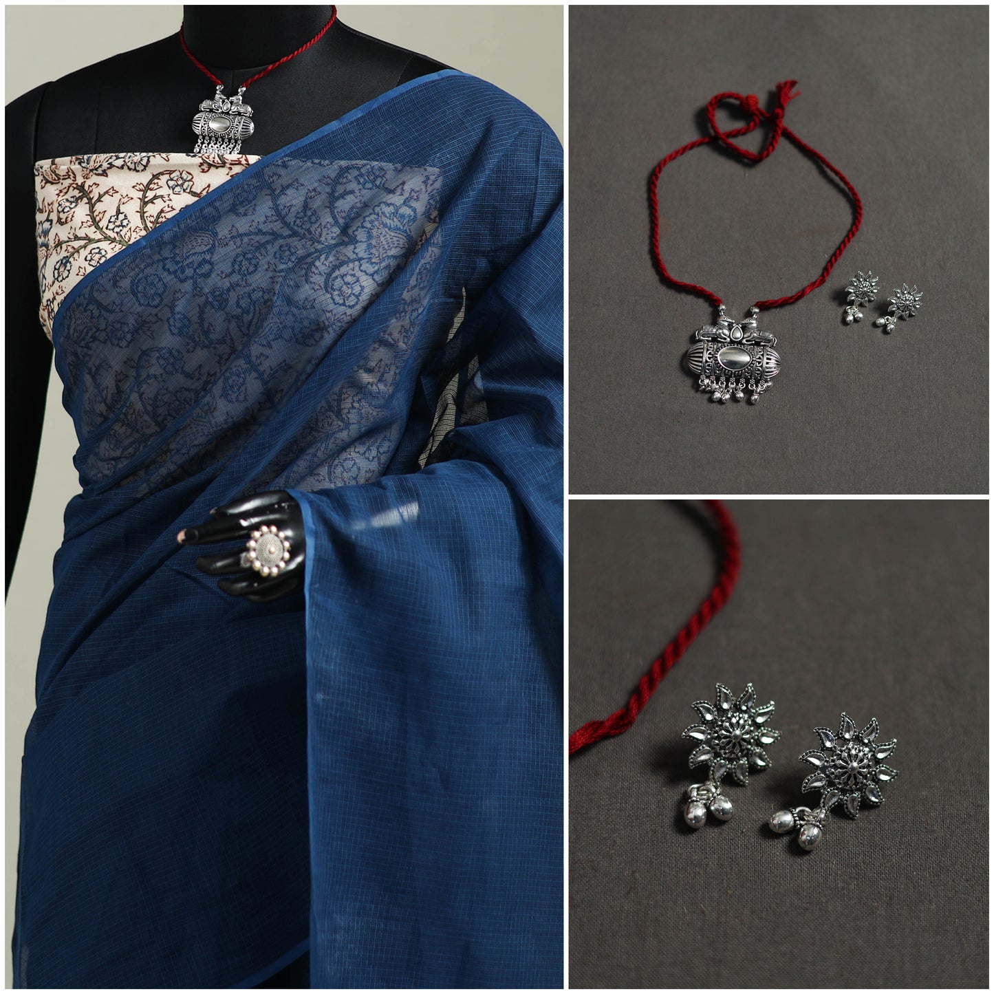 Blue - Nazaakat Kota Doria Cotton Plain Saree with Blouse & Jewellery Set 159