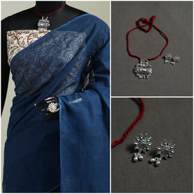 Blue - Nazaakat Kota Doria Cotton Plain Saree with Blouse & Jewellery Set 159