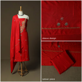 Red - Sozni Hand Embroidery Pure Silk 3pc Unstitched Dress Material Suit Set 36