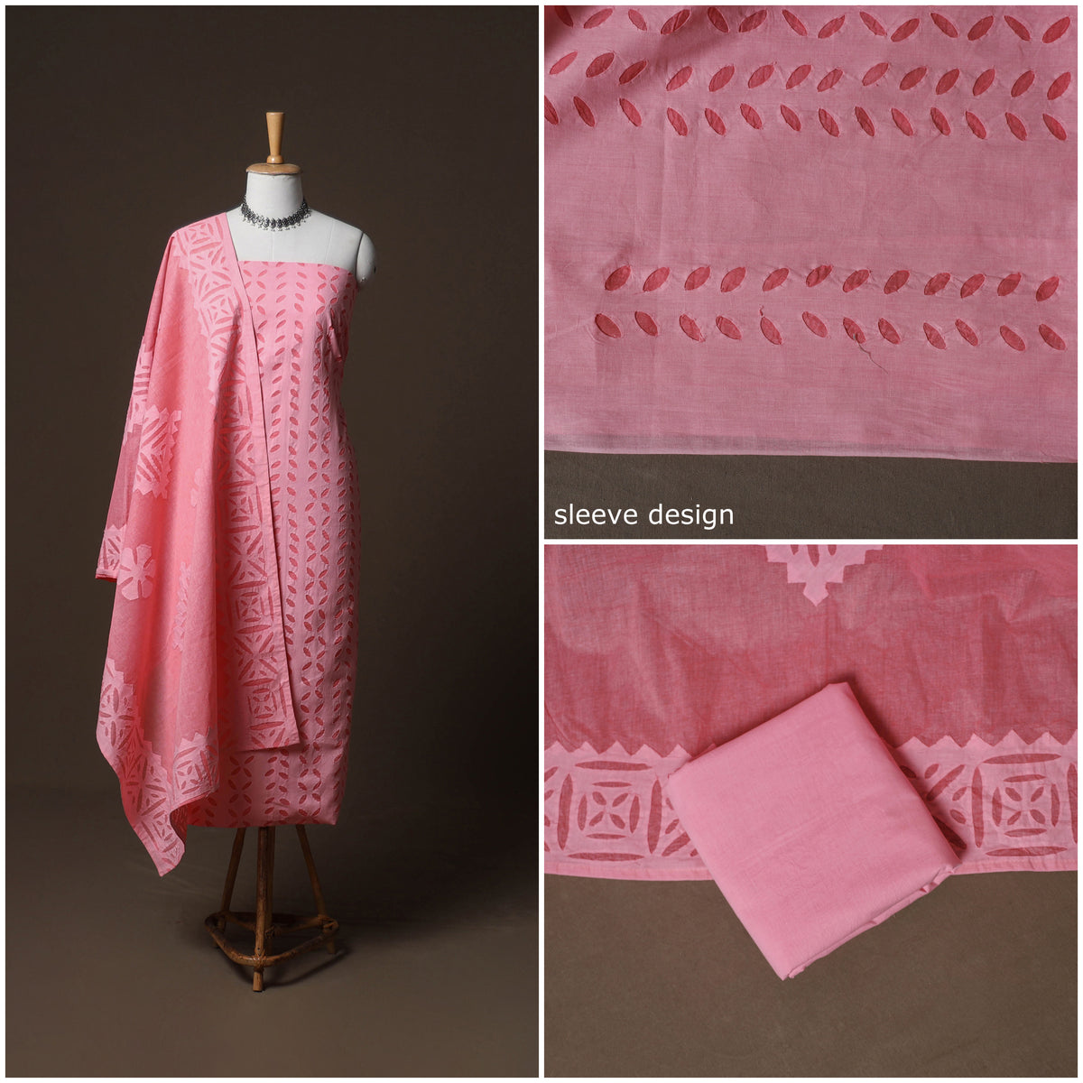 Applique Cutwork Cotton Unstitched Dress Material: Kurta, Bottom & Dupatta 26