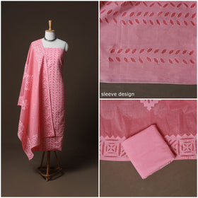 Applique Cutwork Cotton Unstitched Dress Material: Kurta, Bottom & Dupatta 26