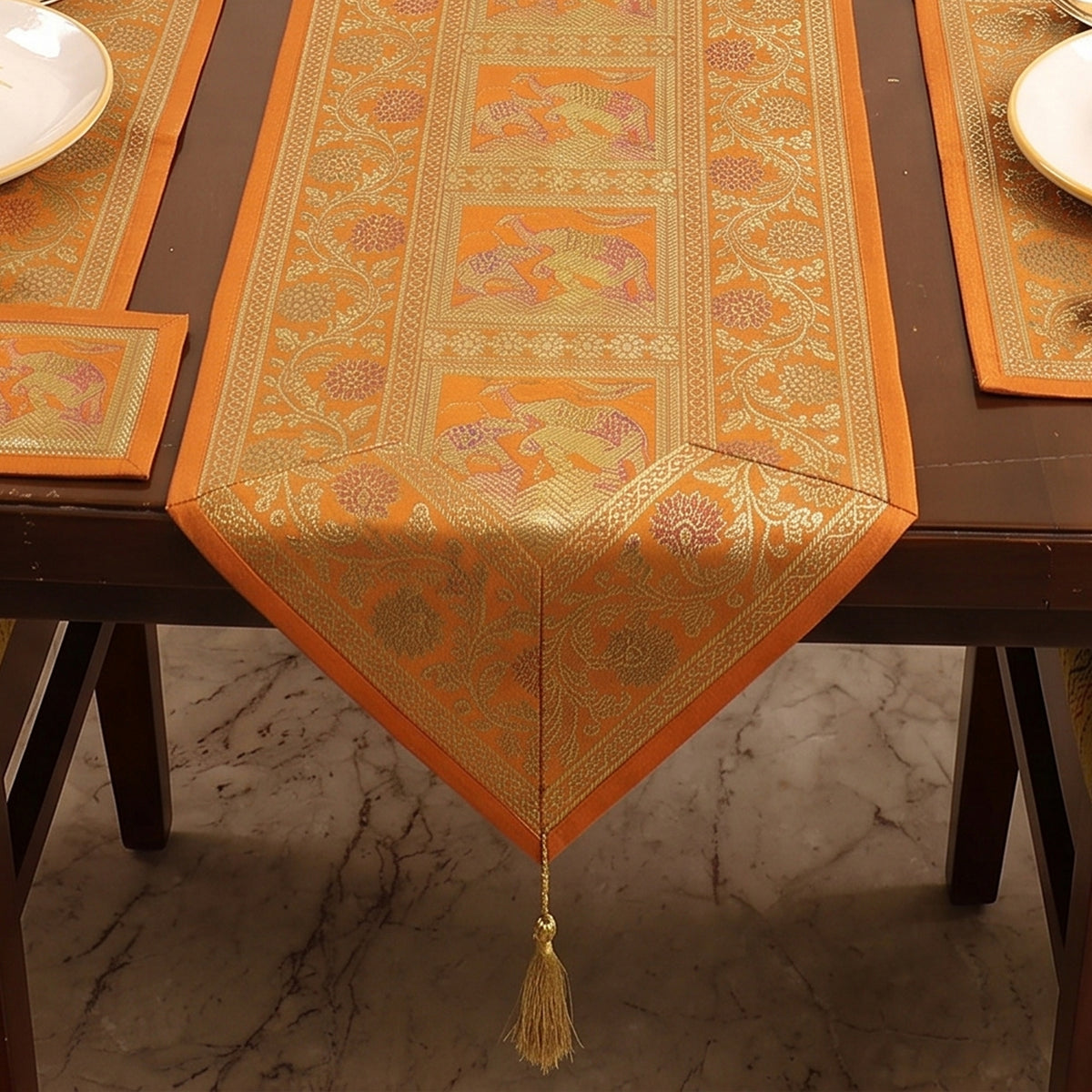 Brocade Banarasi Silk Dining Table Linen with 1 Runner, 6 mats and 6 coasters 10