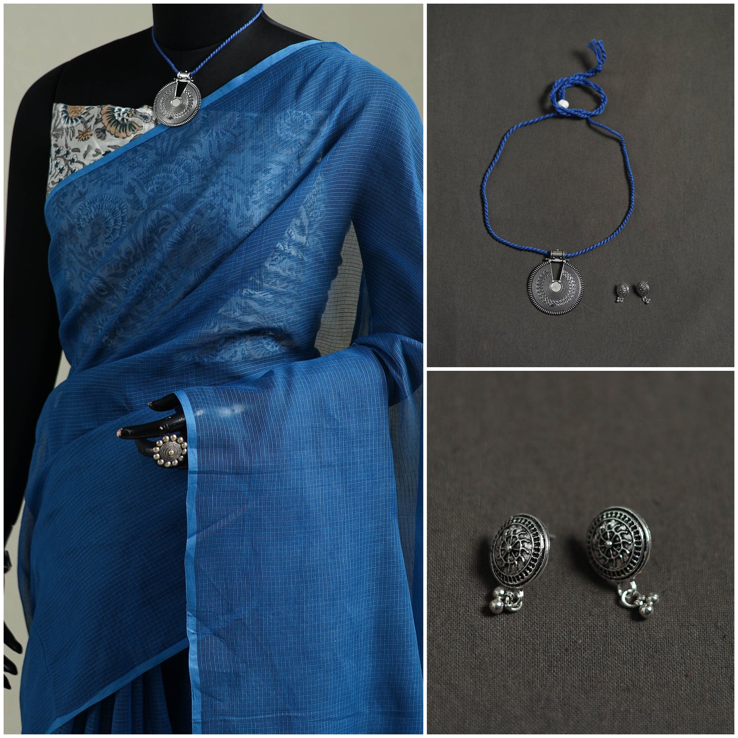 Blue - Nazaakat Kota Doria Cotton Plain Saree with Blouse & Jewellery Set 27