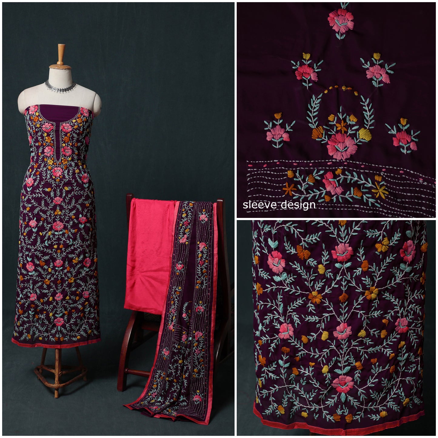 Hand Embroidered Georgette 3pc Unstitched Dress Material Suit Set 43