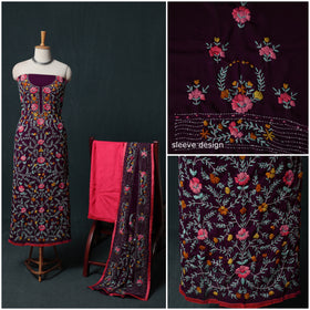 Hand Embroidered Georgette 3pc Unstitched Dress Material Suit Set 43