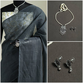 Grey - Nazaakat Kota Doria Cotton Plain Saree with Blouse & Jewellery Set 120