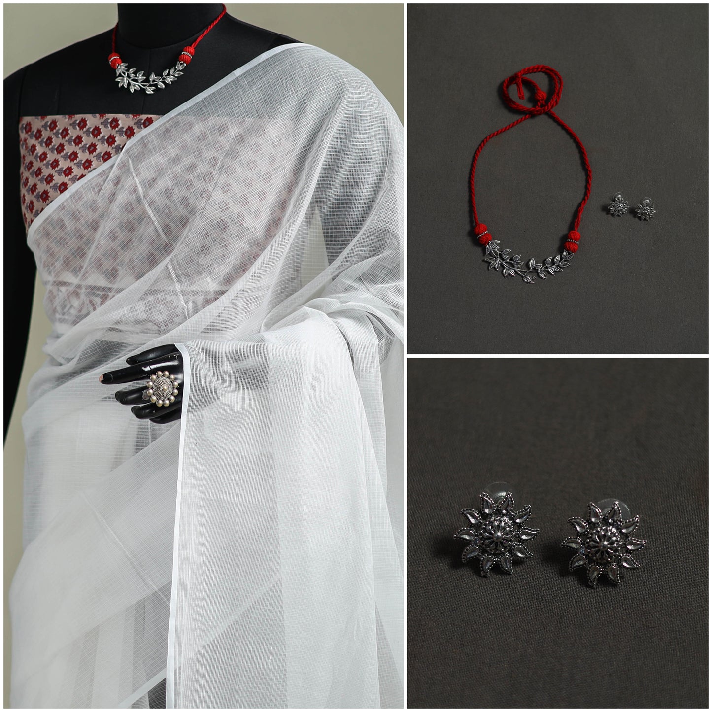 White - Nazaakat Kota Doria Cotton Plain Saree with Blouse & Jewellery Set 160