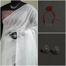 White - Nazaakat Kota Doria Cotton Plain Saree with Blouse & Jewellery Set 160