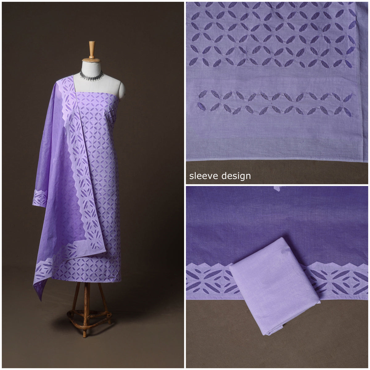 Applique Cutwork Cotton Unstitched Dress Material: Kurta, Bottom & Dupatta 27