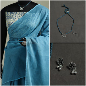 Blue - Nazaakat Kota Doria Cotton Plain Saree with Blouse & Jewellery Set 55
