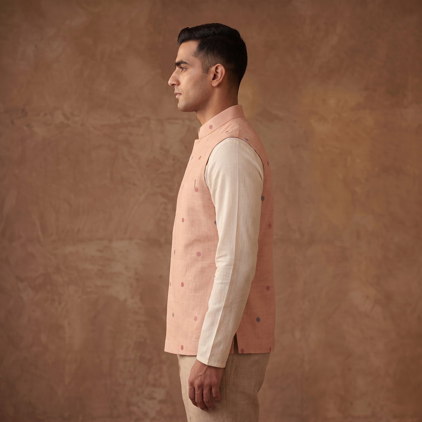 Handwoven Cotton Nehru Jacket for Men in Jamdani Buti of Srikakulam 19