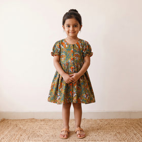 Green - pure cotton girls frock dress in kalamkari prints