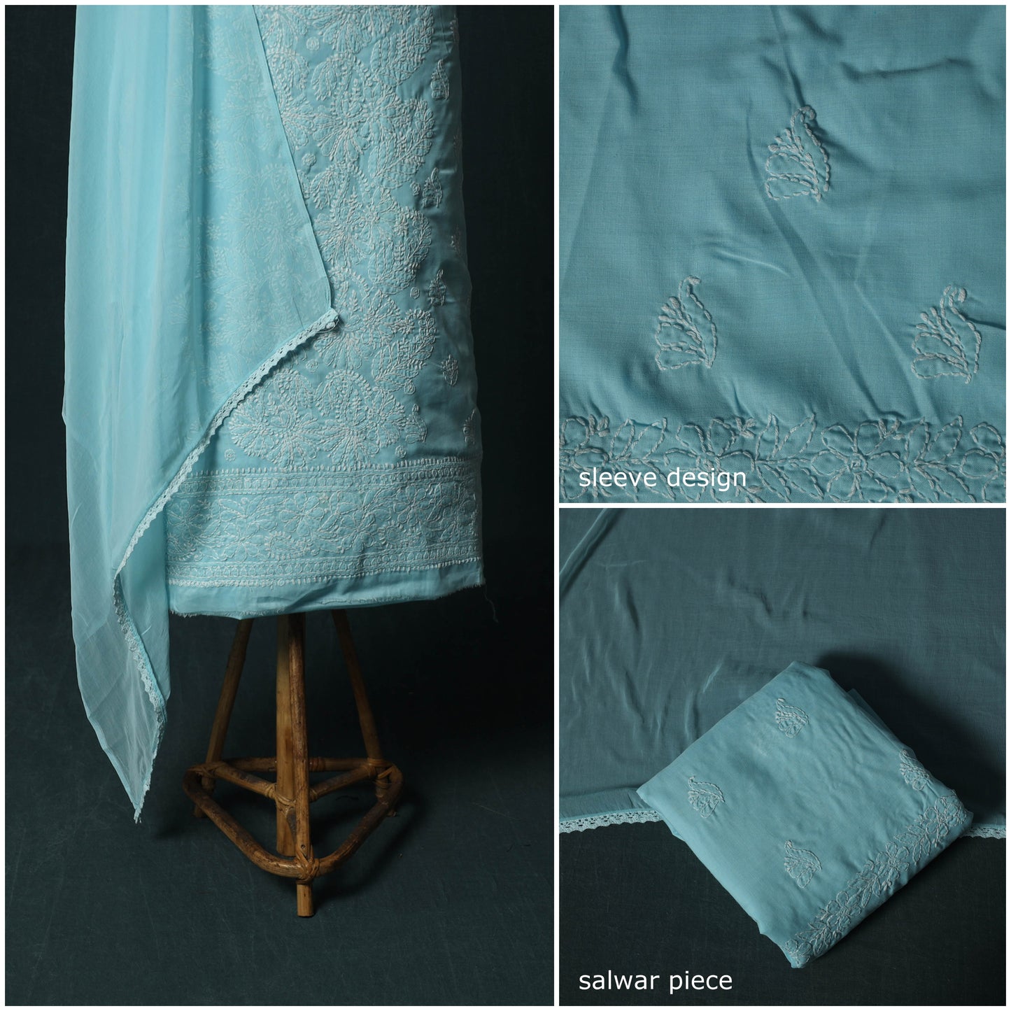 Blue - Lucknowi Chikankari Hand Embroidered Cotton 3pc Unstitched Dress Material Suit Set 27