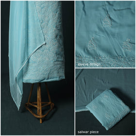 Blue - Lucknowi Chikankari Hand Embroidered Cotton 3pc Unstitched Dress Material Suit Set 27
