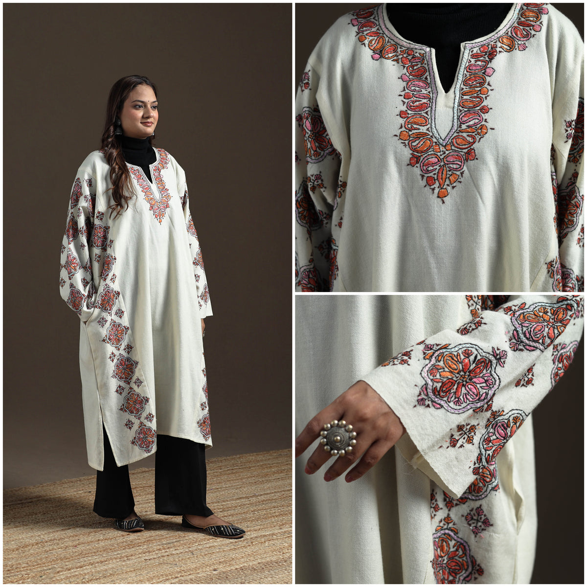 Kashmiri Heavy Sozni Hand Embroidered Handwoven Merino Wool Pheran 26