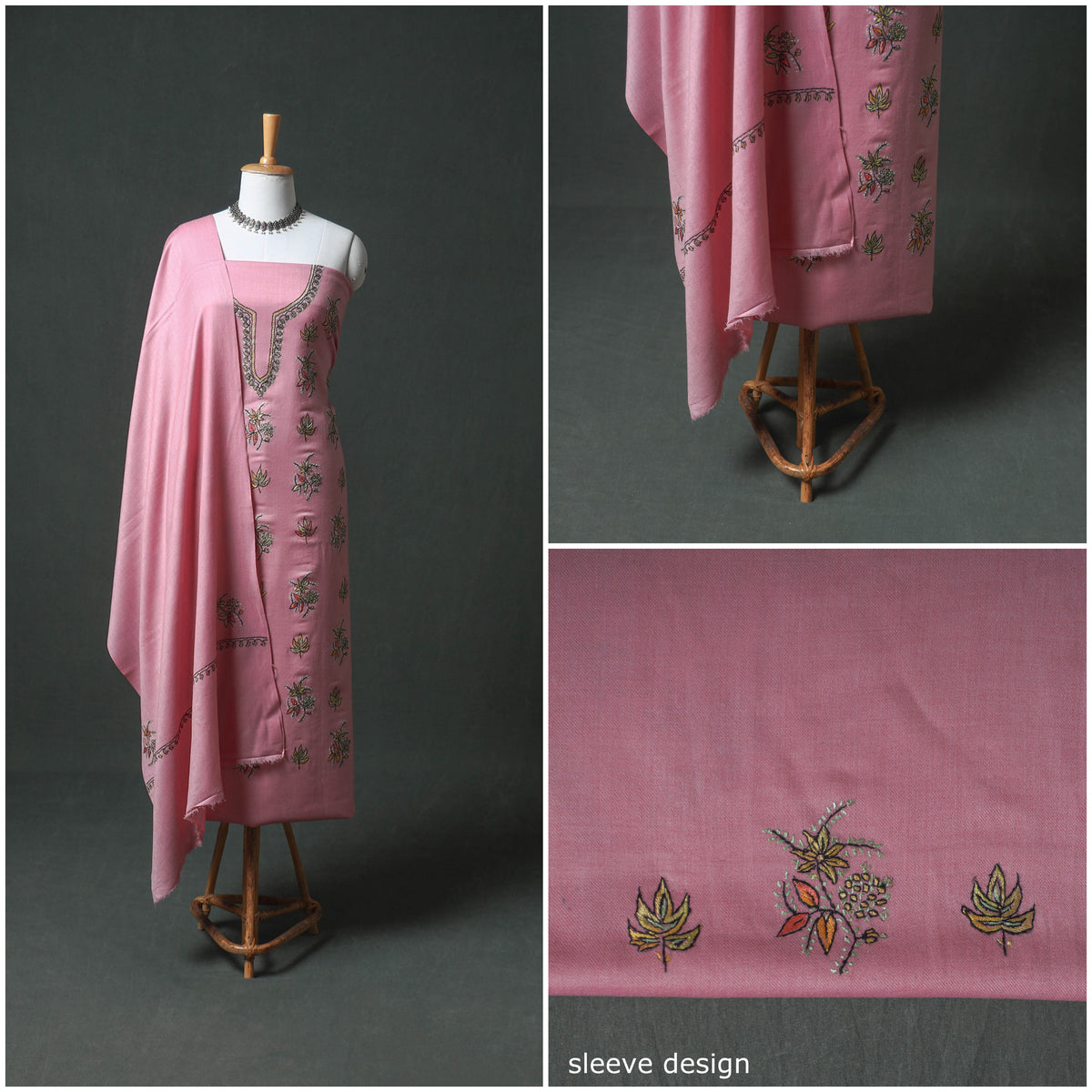 Kashmiri Sozni Hand Embroidered Pure Merino Wool Unstitched Dress Material: Kurta, Bottom with Dupatta 27