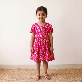 Pink - pure cotton girls frock dress in batik block prints