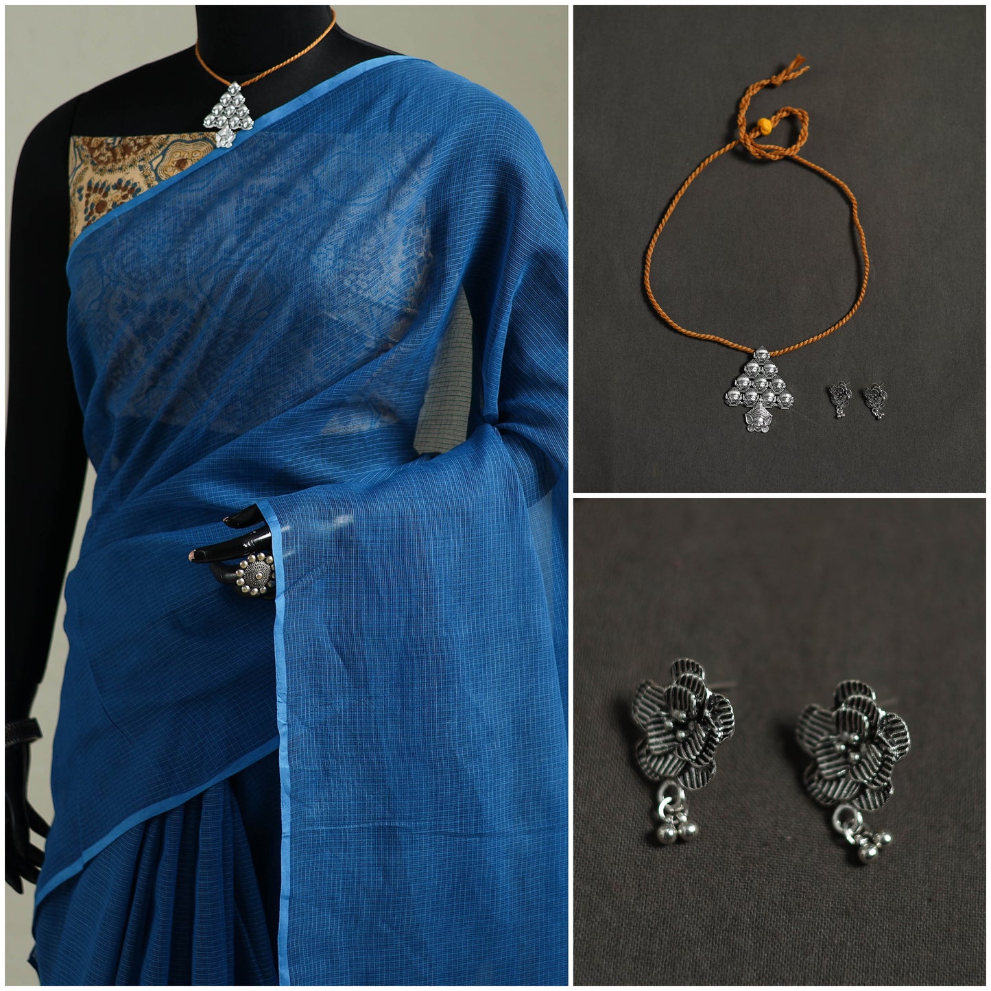 Blue - Nazaakat Kota Doria Cotton Plain Saree with Blouse & Jewellery Set 28