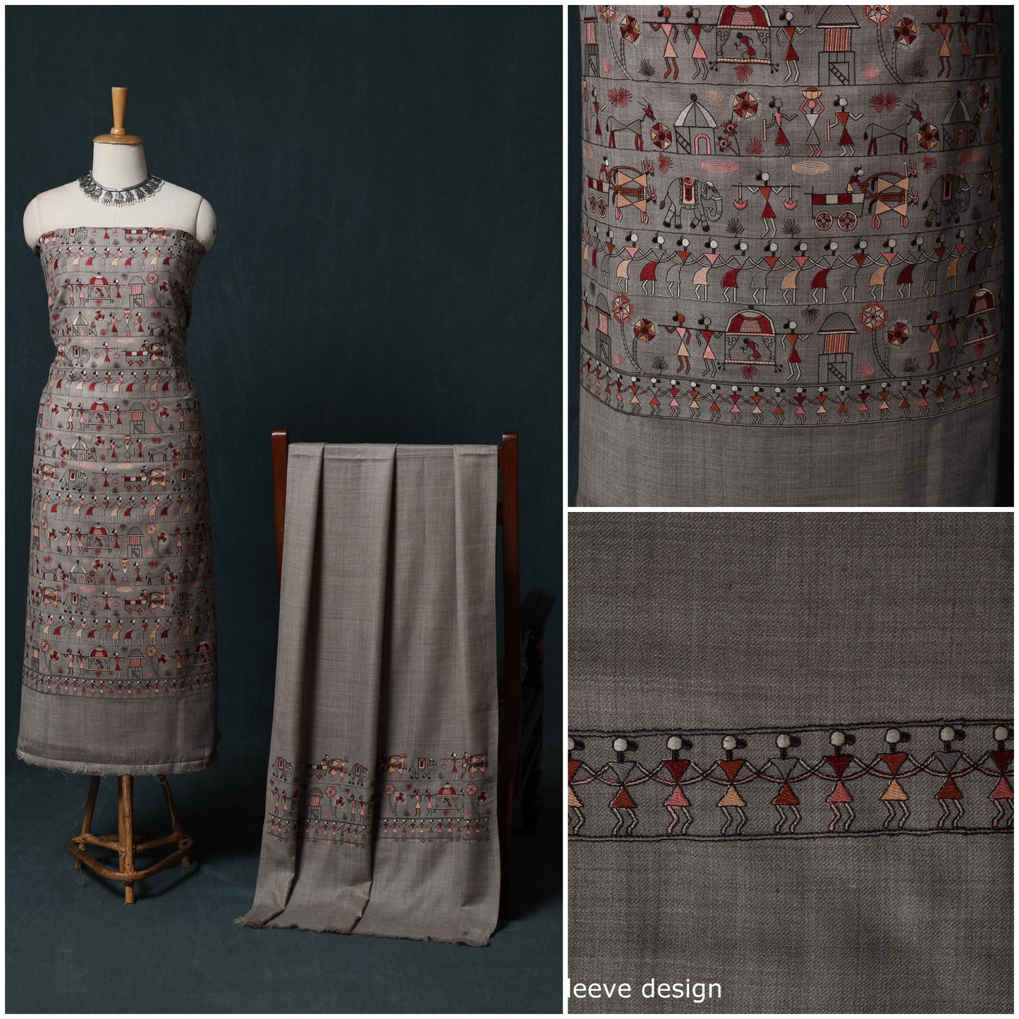 3pc Heavy Embroidered Wool Unstitched Dress Material Suit Set 72
