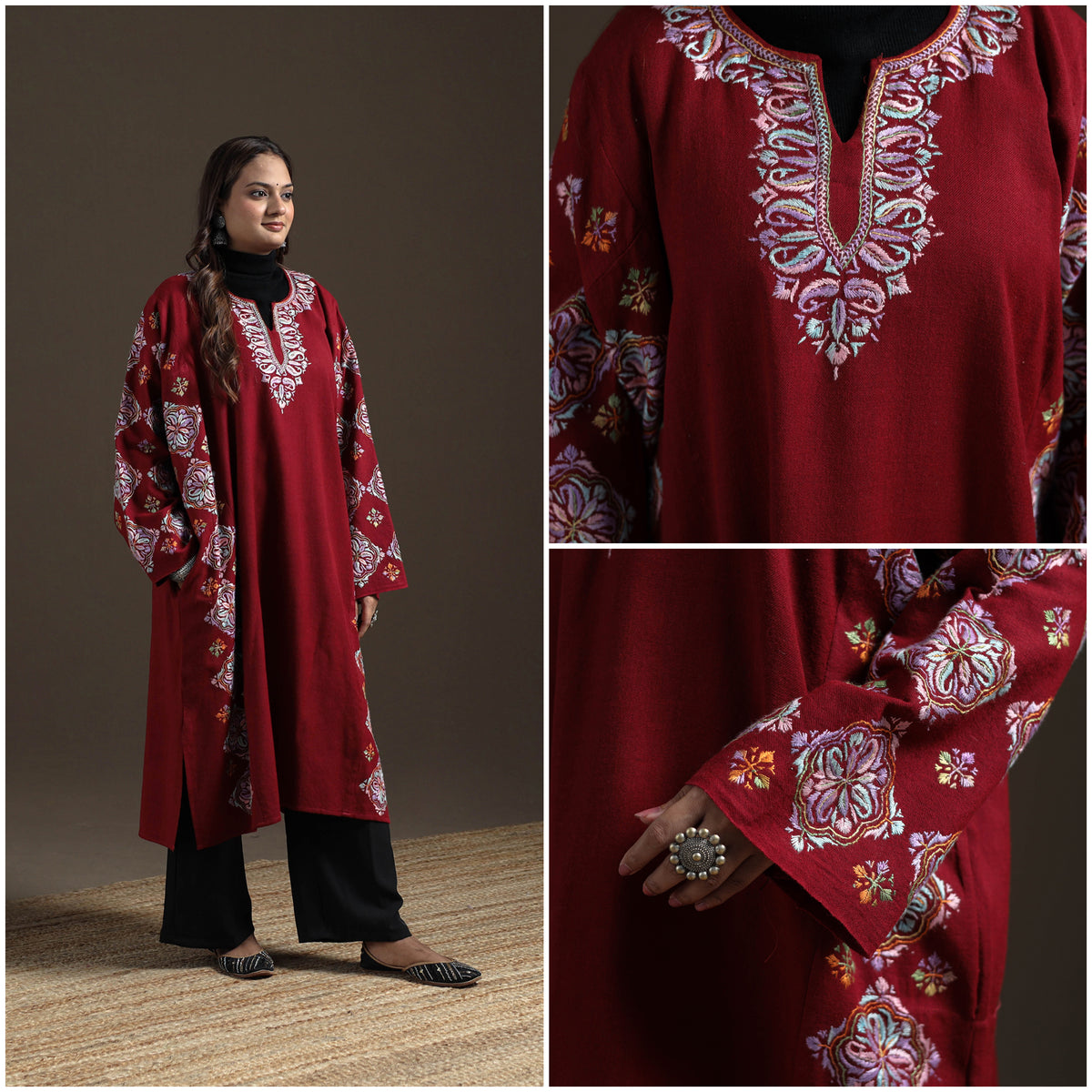 Kashmiri Heavy Sozni Hand Embroidered Handwoven Merino Wool Pheran 27