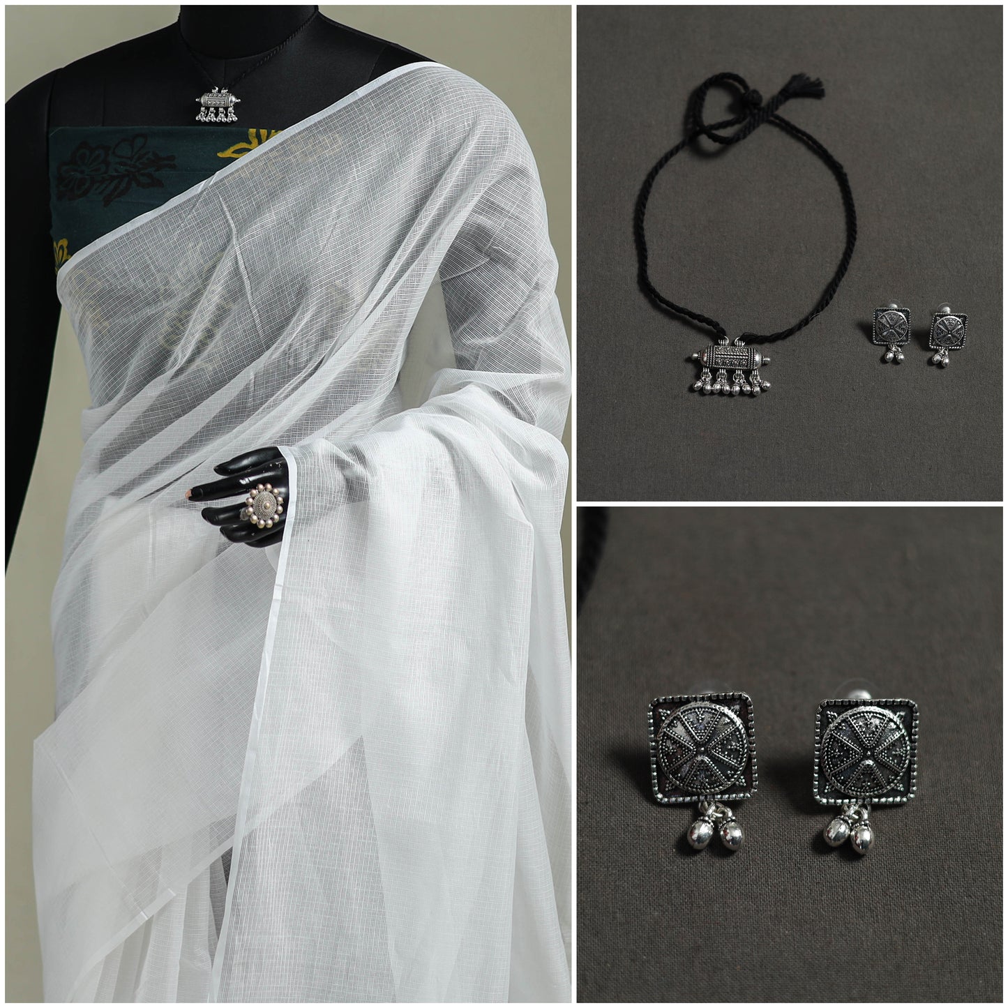 White - Nazaakat Kota Doria Cotton Plain Saree with Blouse & Jewellery Set 161