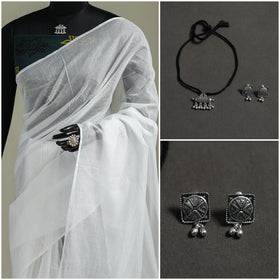 White - Nazaakat Kota Doria Cotton Plain Saree with Blouse & Jewellery Set 161