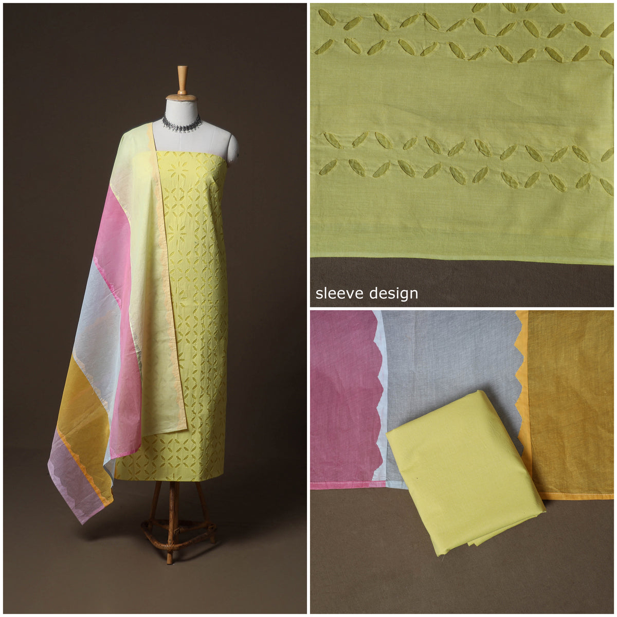Applique Cutwork Cotton Unstitched Dress Material: Kurta, Bottom & Dupatta 28